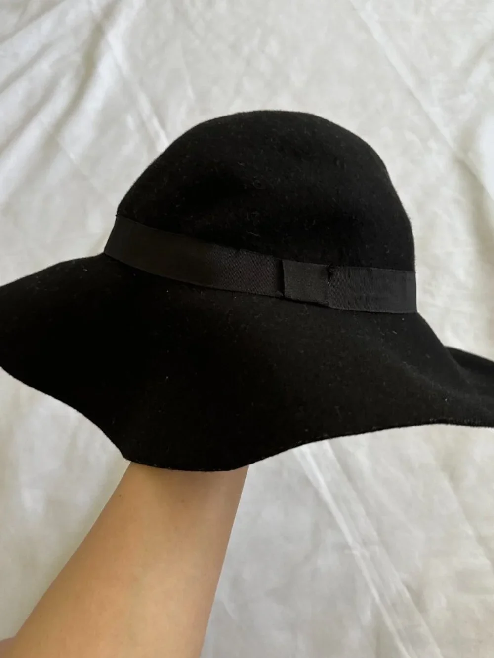 Black Felt Wide Brim Floppy Hat Women's Classic Ribbon Fedora Boho
